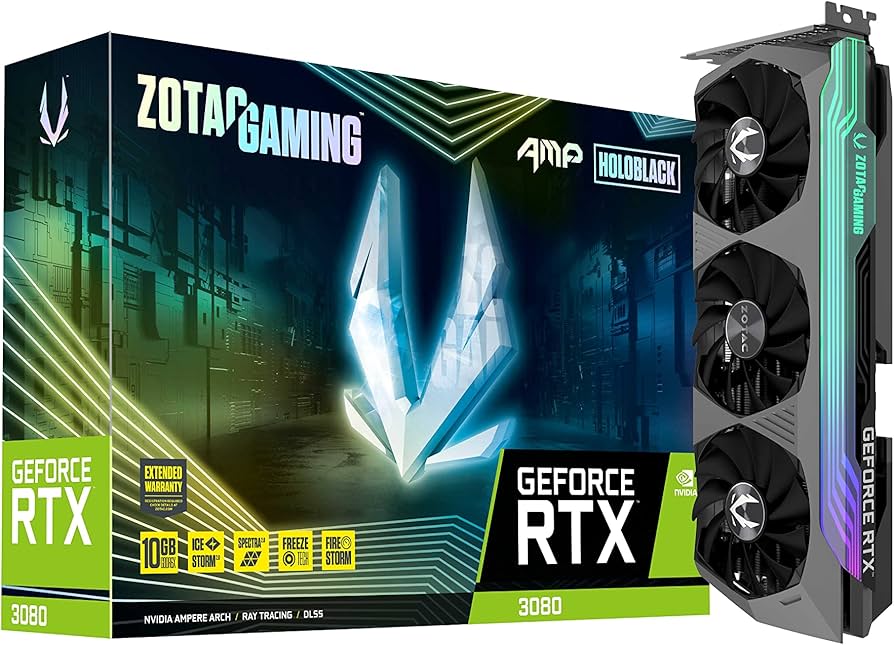 The ZOTAC GAMING GeForce RTX 3080 AMP Holo Black D6X 10GB LHR is a powerful graphics card designed for gamers and creators who demand top-tier perform