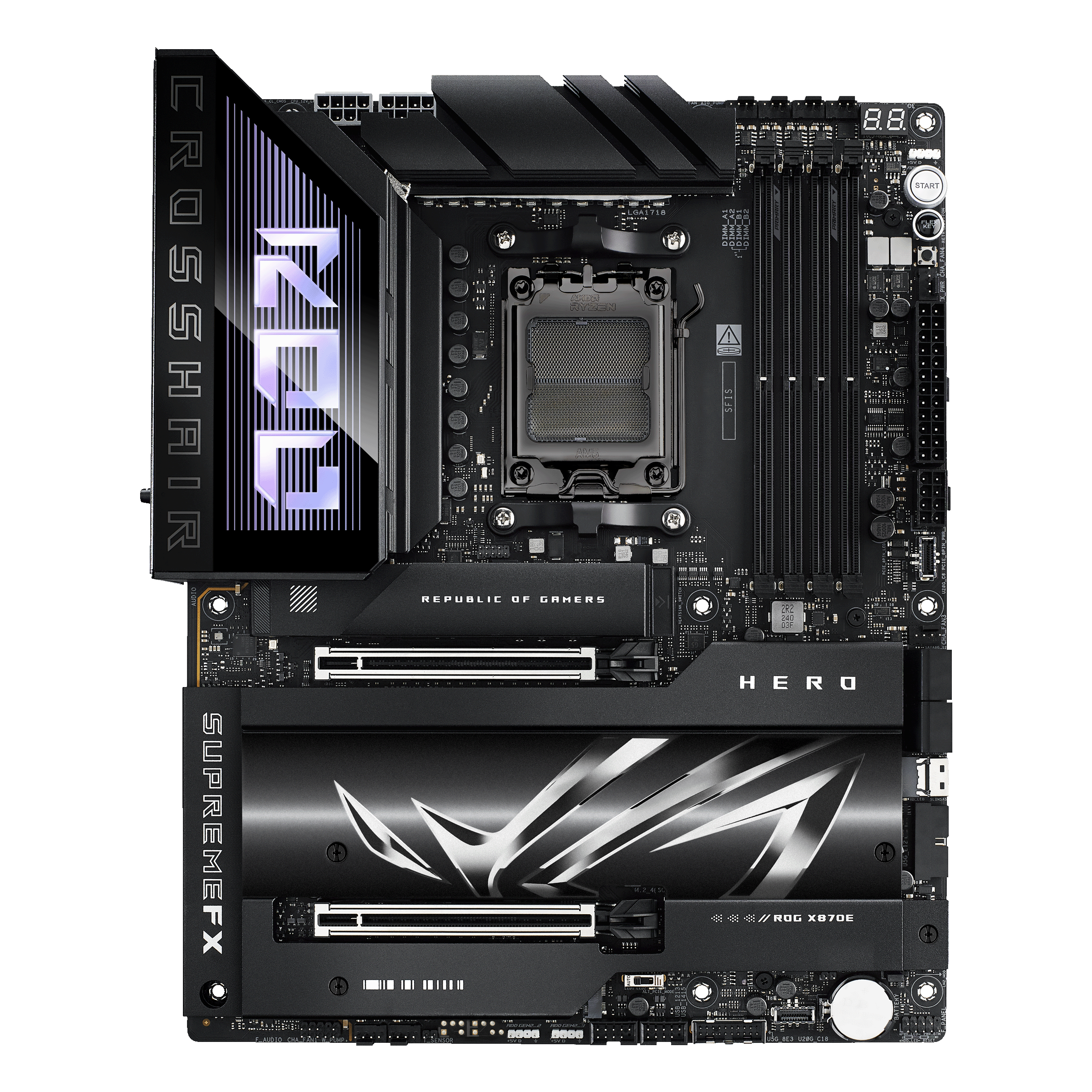 The ASUS ROG CROSSHAIR X870E HERO is a high-performance ATX motherboard built for AMD's latest Socket AM5 processors, making it an ideal foundation fo